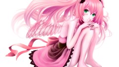 Wings Ribbons pink hair anime girls green eyes twintails Pink 