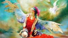 Wings sitting pink hair fantasy art