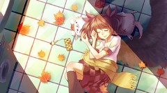 Wings sleeping bathroom skirts scarfs anime girls autumn leaves 