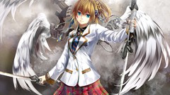 Wings Swords anime girls blue eyes brunettes school uniforms 