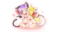 Wings Vampires red eyes blondes kissing blush blue hair long 