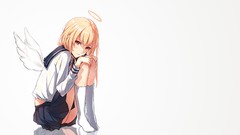 Wings white background blondes skirts anime girls school 
