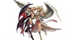 Wings white background horns blondes angels anime girls blue 