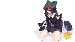 Wings white background red eyes schoolgirls skirts anime girls 