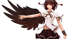 Wings white background red eyes skirts anime girls brunettes 