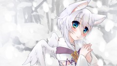 Wings white hair kimono blue eyes animal ears Japanese clothes