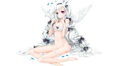 Wings white hair long hair pink eyes anime girls bra cleavage 