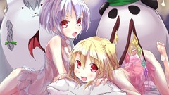 Wings white hair red eyes blondes anime girls lingerie short 
