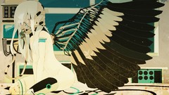 Wings white hair red eyes long hair anime girls nude gas masks 