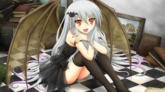 Wings white hair red eyes long hair anime girls thigh highs