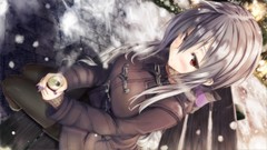 Winter bench red eyes sitting coat bows outdoors skirts blush 