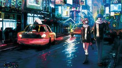 Winter cars Umbrellas reflections buildings jackets pants 