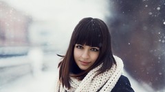 Winter cold woman brown eyes brunettes bangs snowing
