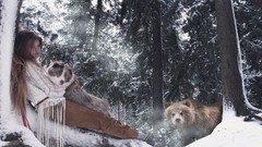 Winter light woman Dogs Bears forests