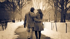 Winter love Park couple walk