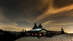 Winter night Stars Mountains cottage night sky skyscapes