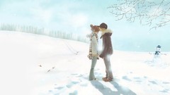 Winter snow kissing couple