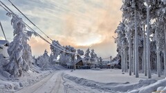 winter snow Trees House power lines ice cold road clouds