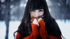 Winter woman brunettes bangs black hair sweaters