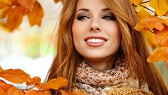 Winter woman orange lips faces smiling brunettes