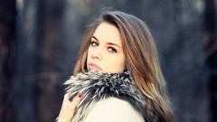 Winter woman outdoors blue eyes brunettes forests