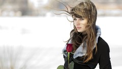 Winter woman roses blue eyes brunettes red rose