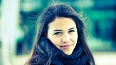 Winter woman scarfs smiling brown eyes brunettes