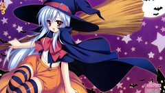 Witch Halloween white hair blush anime girls striped legwear