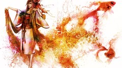 Woman abstract fish kimono fun multicolor long hair brunettes