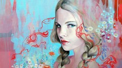 Woman abstract paintings faces blondes blue eyes braids artwork