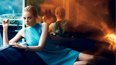Woman Actress blondes couch emma stone blue dress