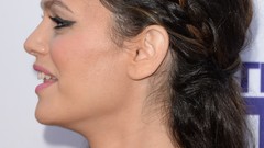 Woman Actress long hair rachel bilson blue dress high heels