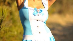 Woman Alice in Wonderland outdoors models arms raised Alley 