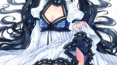 Woman Anime beds sitting stockings skirts anime girls blue eyes 