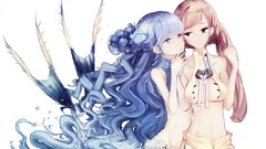 Woman Anime blue hair long hair brunettes purple eyes yuri