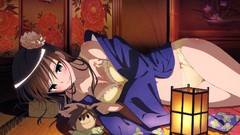 Woman Anime blush anime girls lying down cleavage panties hair 