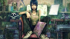 Woman Anime Computers sitting skulls artists anime girls
