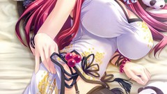 Woman Anime dress red eyes tongue stockings smiling anime girls 