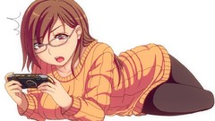 Woman Anime glasses red eyes anime girls brunettes lying down 