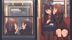 Woman Anime glasses sitting schoolgirls stockings scarfs anime 