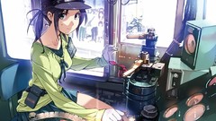 Woman Anime hats sitting smiling anime girls green eyes black 