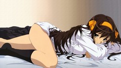 Woman Anime legs stockings anime girls brunettes suzumiya haruhi
