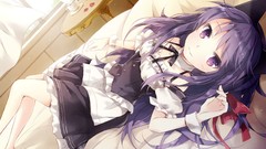 Woman Anime long hair purple hair cafe sourire purple eyes 