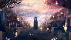 Woman Anime Manga buildings skirts long hair anime girls 