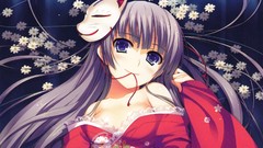 Woman Anime masks long hair blue eyes purple hair cleavage