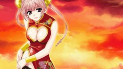 Woman Anime pink hair boobs Chinese clothes hair bun