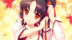 Woman Anime red eyes faces ponytails black hair cleavage