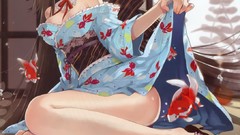 Woman Anime red eyes kimono skirts blush long hair anime girls 