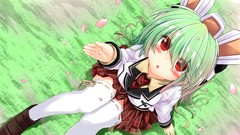 Woman Anime red eyes skirts anime girls green hair thigh highs