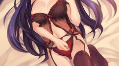Woman Anime red eyes stockings smiling anime girls lingerie bra 